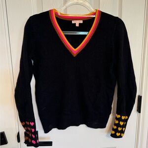 Lisa Todd Navy V-Neck Sweater with Colorful Trim and Heart Accents